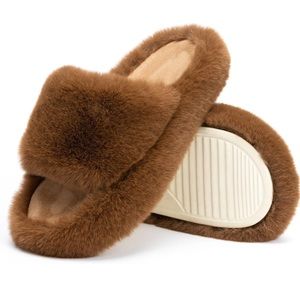 Brown Memory Foam House Bedroom Slippers Fuzzy Plush Comfy Faux Fur Lined Slide